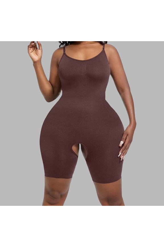 Women's Solid Color Seamless Shapewear Bodysuit Adjustable Spaghetti Strap Crotchless Bodycon Jumpsuit Tummy Control Butt Lifting Shapewear for Daily Wear Date Night Coffee,L