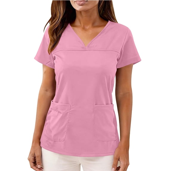Nmnitkp Women's Solid Scrubs Top Short Sleeve Notch V-Neck Multi-Pockets Four-Way Stretch Moisture-Wicking Antimicrobial Breathable Lightweight Caregiver Nursing Medical Uniform Shirt Pink,L