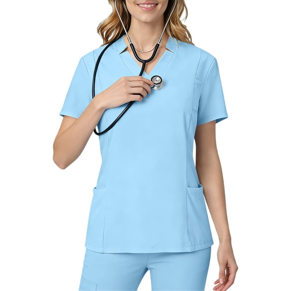 Nmnitkp Women's Solid Scrubs Top Short Sleeve Notch V-Neck Multi-Pockets Four-Way Stretch Moisture-Wicking Antimicrobial Breathable Lightweight Caregiver Nursing Medical Uniform Shirt Light Blue,S