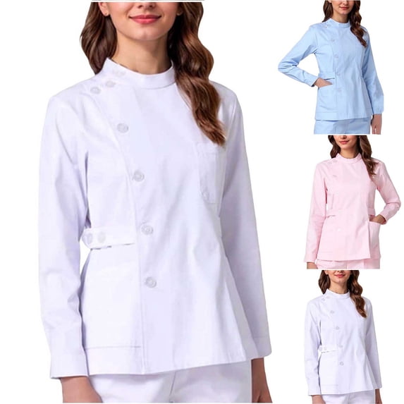 Nmnitkp Women's Stand Collar Medical Plus Size Scrub Top Long Sleeve Button Front with Pockets Breathable Nurse Uniform for Hospital Clinic Healthcare Work White,S