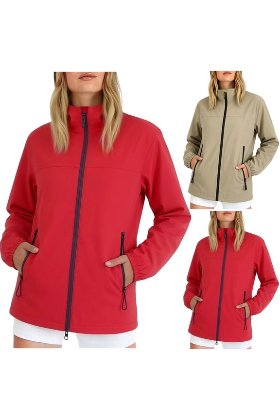 Women's Stand Collar Waterproof Softshell Jacket, Full Zip Windproof Coat with Zipper Pockets for Spring Fall Outdoor Hiking, Travel & Daily Casual Wear Red,L