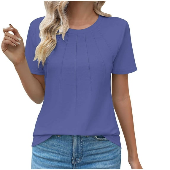 Nmnitkp Women's Summer Blouses Solid Color Casual Round Neck Basic Pleated Tops Short Sleeve Loose Fit Blouses Tshirts S-2XL