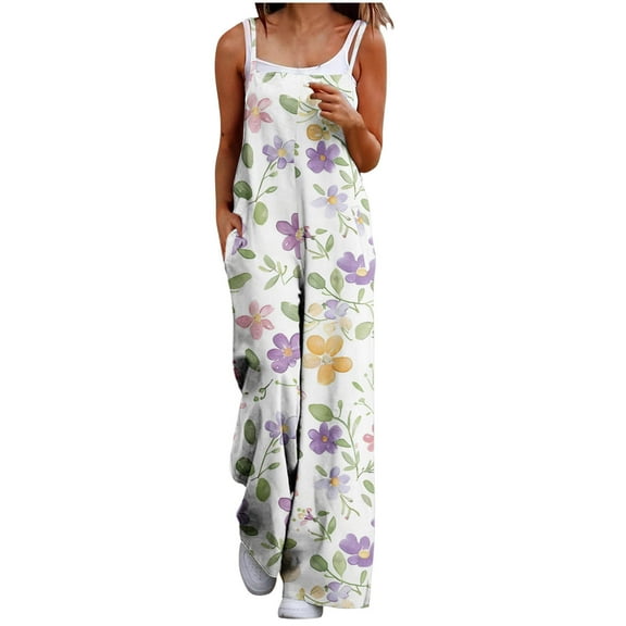Nmnitkp Women's Summer Casual Overalls Loose Wide Leg Jumpsuits Boho Floral Printed Baggy Rompers with Pockets