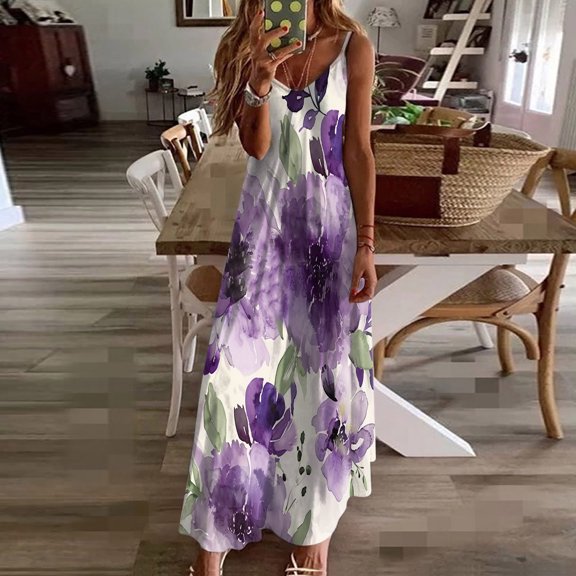 Nmnitkp Women's Summer Maxi Dress Casual V-Neck Sleeveless Bohemian Spaghetti Strap Floral Long Maxi Dress with Pockets S-2XL