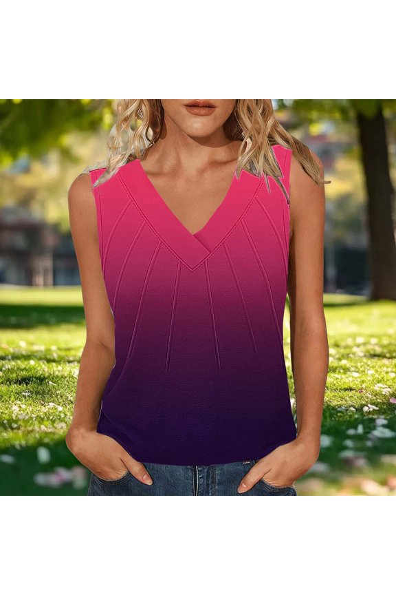 Women's Tank Tops Ombre Gradient Print V Neck Tank Tops, Sleeveless Vertical Pleated Detail Casual Summer Tops, Trendy Gradient Color Layering Blouse for Daily Commute Weekend Outings Wine,L
