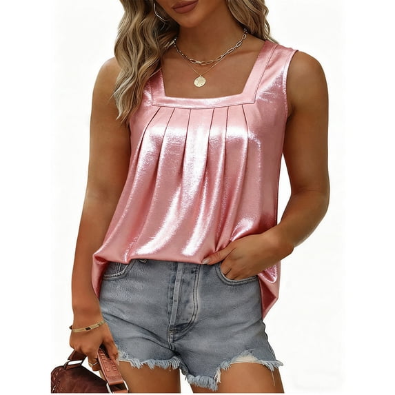 Nmnitkp Women's Tank Tops Plus Size Square Neck Pleated Tank Tops, Solid Color Gold Foil Sleeveless Blouses, Elegant Loose Fit Casual Tops for Club Party Date Night Summer Wear Pink,M