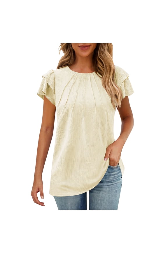 Women's Tops Round Neck Cute Tops for Women Ruffled Details Blouses for Women Multicolor Casual Wear,Summer Tops