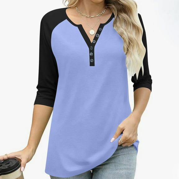 Nmnitkp Women's Tops High-Quality Fabric Women Blouses Button V-neck Three Quarter Sleeve 3/4 Sleeve Raglan T-shirt Loose Top Blue,L