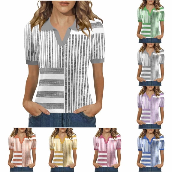 Nmnitkp Women's Tops, Tees & Blouses Color Block Striped Collared V-Neck Short Sleeve T-Shirt, Casual Loose Fit Spring Summer Tops for Daily Wear Gray,M