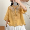 thumbnail image 1 of Nmnitkp Women's Tops, Tees & Blouses Embroidered Stand Collar 3/4 Sleeve Blouse, Loose Fit Casual Linen Blend Summer Shirt for Women Yellow,3XL, 1 of 5