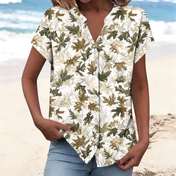 Nmnitkp Women's Tops, Tees & Blouses Floral Print V-Neck Button Front Rolled Short Sleeve Blouse, Casual Loose Fit Summer Tops for Daily Wear Army Green,M