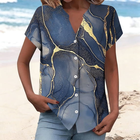 Nmnitkp Women's Tops, Tees & Blouses Floral Print V-Neck Button Front Rolled Short Sleeve Blouse, Casual Loose Fit Summer Tops for Daily Wear Navy,2XL