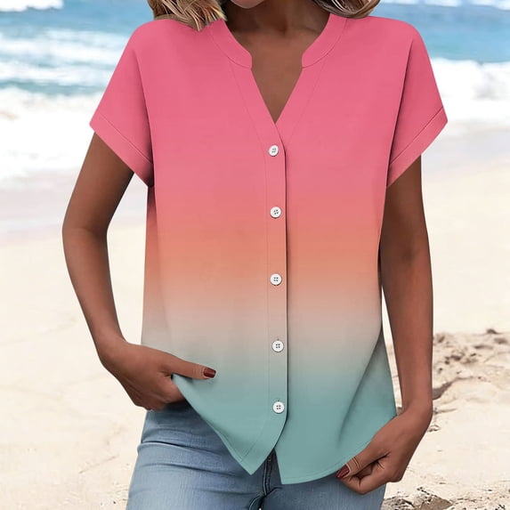 Nmnitkp Women's Tops, Tees & Blouses Floral Print V-Neck Button Front Rolled Short Sleeve Blouse, Casual Loose Fit Summer Tops for Daily Wear Pink,2XL