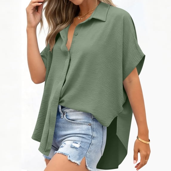 Nmnitkp Women's Tops, Tees & Blouses Oversized Collared Button Down Short Sleeve Shirt, Casual Loose Fit Summer Blouse for Women Daily Wear Army Green,S