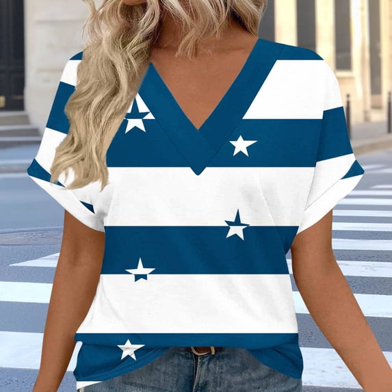 Nmnitkp Women's Tops, Tees & Blouses Star Striped Print V-Neck Roll Cuff Short Sleeve T-Shirt, Loose Fit Casual Summer Tops for Daily Wear Sky Blue,S