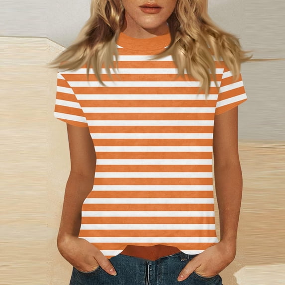 Nmnitkp Women's Tops, Tees & Blouses Striped & Polka Dot Mock Neck Short Sleeve T-Shirt, Casual Fitted Summer Tops for Daily & Weekend Wear Orange,2XL