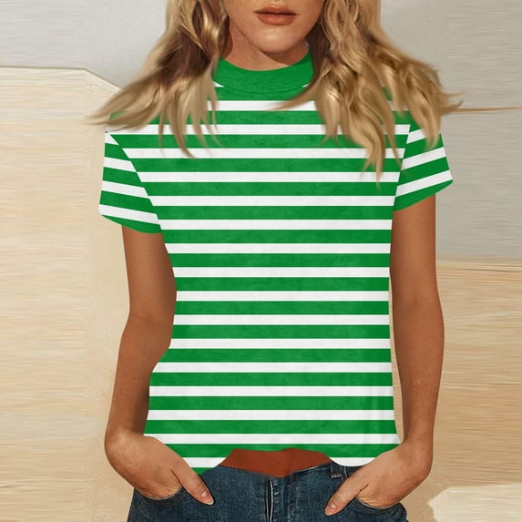 Nmnitkp Women's Tops, Tees & Blouses Striped & Polka Dot Mock Neck Short Sleeve T-Shirt, Casual Fitted Summer Tops for Daily & Weekend Wear Green,M