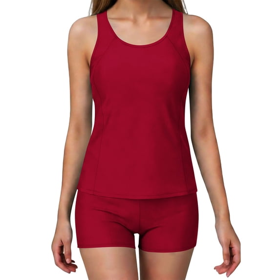 Nmnitkp Women's Tummy Control Tankini Set Swimsuits Solid Color Scoop Neck Two Piece Bathing Suits Full Coverage Swim Tank with Padded Modest Plus Size Swimwear