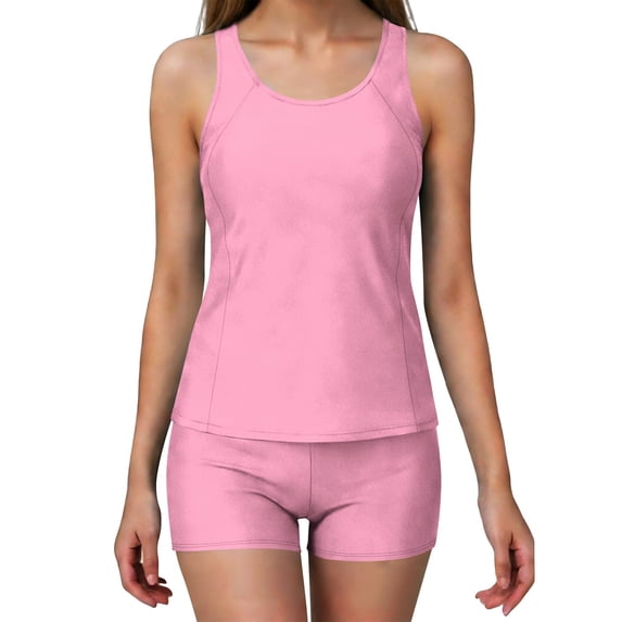Nmnitkp Women's Tummy Control Tankini Set Swimsuits Solid Color Scoop Neck Two Piece Bathing Suits Full Coverage Swim Tank with Padded Modest Plus Size Swimwear