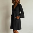 thumbnail image 1 of Nmnitkp Women's V Neck Tunic Dress, Linen-Like Crinkle Fabric 3/4 Bell Sleeve Button Detail Casual Dress with Pockets, Loose Fit Summer Dress for Vacation & Daily Wear Black,XXL, 1 of 8