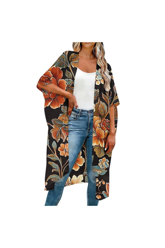 Women's Vintage Floral Print Kimono Cardigan, Loose Fit Open Front Half Sleeve Cover Up, Breathable Lightweight Beach Swimsuit Cover Up for Daily Casual Wear A White,XL