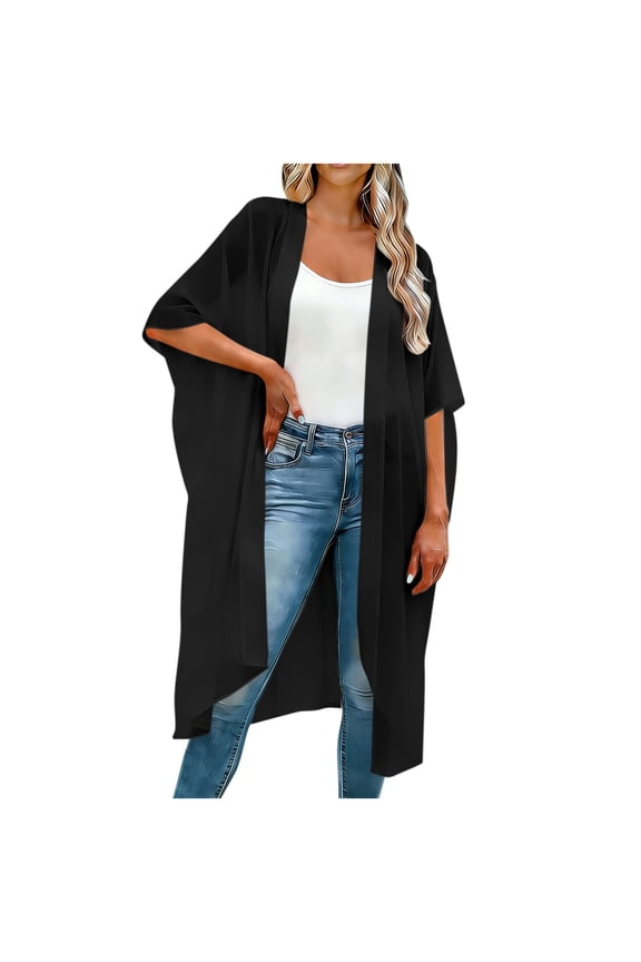 Women's Vintage Floral Print Kimono Cardigan, Loose Fit Open Front Half Sleeve Cover Up, Breathable Lightweight Beach Swimsuit Cover Up for Daily Casual Wear Black,5XL