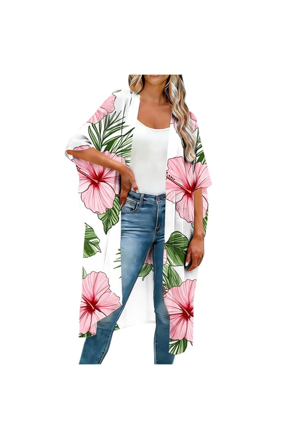 Women's Vintage Floral Print Kimono Cardigan, Loose Fit Open Front Half Sleeve Cover Up, Breathable Lightweight Beach Swimsuit Cover Up for Daily Casual Wear White,4XL