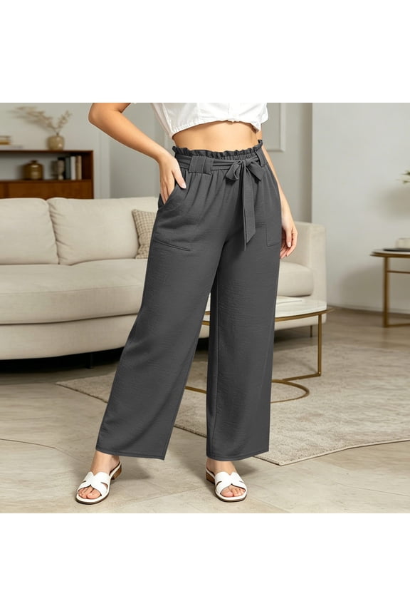 Women's Wide Leg Pants with Pockets Plus Size Ruffle Elastic Waist Bow Tie High Waisted Flowy Loose Casual Summer Trousers for Work Office Lounge Daily Wear Gray,2XL