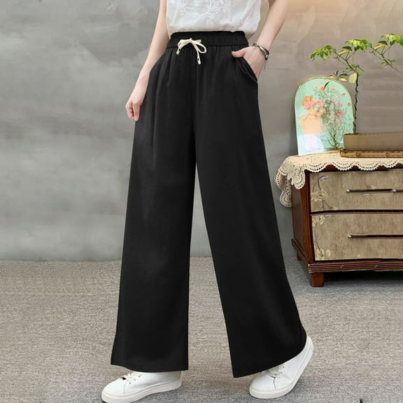 Nmnitkp Women's Wide Leg Pants with Pockets High Waist Adjustable Knot Loose Casual Trousers Business Work Casual Pants Black,3XL