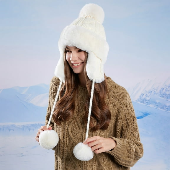 Nmnitkp Women's Winterwarm Wool Ball Knitted Hat With Large Head Circumference And Cold-proof Earmuffs Beige