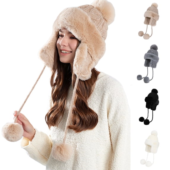 Nmnitkp Women's Winterwarm Wool Ball Knitted Hat With Large Head Circumference And Cold-proof Earmuffs Khaki