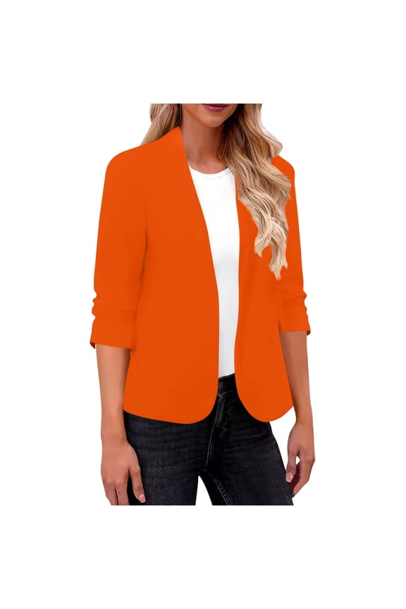 Women's Work Office Blazer No Button Notched Lapel Business Tuxedo Blazer Casual Blazer Jackets Suit Orange,S