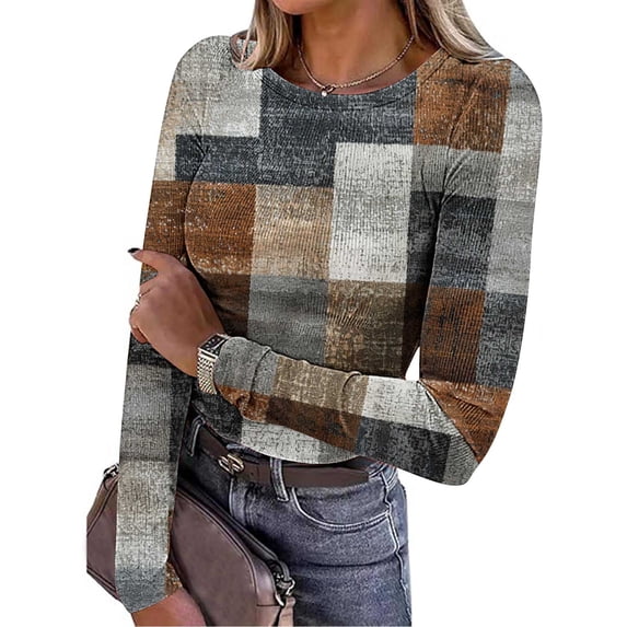 Nmnitkp Womens 2025 Summer Fall Long Sleeve Shirts Ribbed Knit Fitted Basic Tee Going Out Tops Underscrub Casual Outfits Brown,S