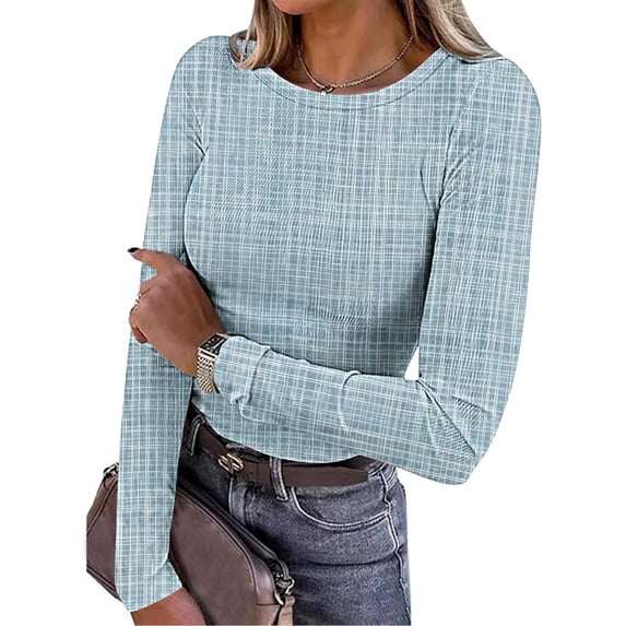 Nmnitkp Womens 2025 Summer Fall Long Sleeve Shirts Ribbed Knit Fitted Basic Tee Going Out Tops Underscrub Casual Outfits Light blue,L