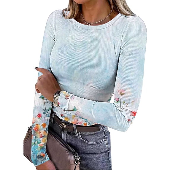 Nmnitkp Womens 2025 Summer Fall Long Sleeve Shirts Ribbed Knit Fitted Basic Tee Going Out Tops Underscrub Casual Outfits Light blue,XL