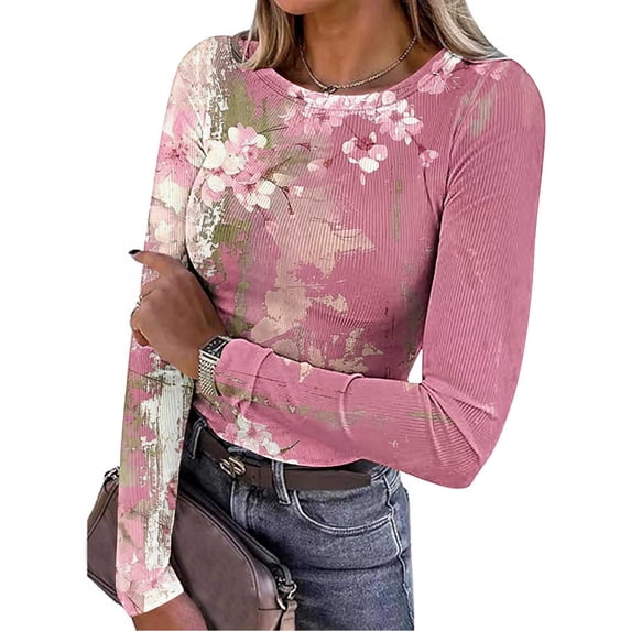 Nmnitkp Womens 2025 Summer Fall Long Sleeve Shirts Ribbed Knit Fitted Basic Tee Going Out Tops Underscrub Casual Outfits Pink,L