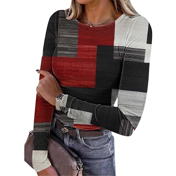 Nmnitkp Womens 2025 Summer Fall Long Sleeve Shirts Ribbed Knit Fitted Basic Tee Going Out Tops Underscrub Casual Outfits Red,M