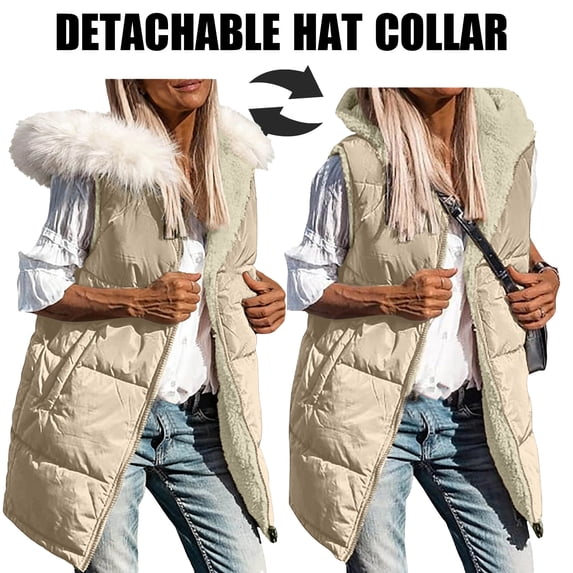 Nmnitkp Womens 2026 Long Puffer Vest Full-Zip Hooded Sleeveless Down Jacket Coats with Pockets Khaki,2XL
