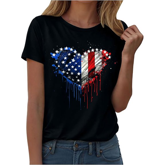 Nmnitkp Womens American Flag Shirt Short Sleeve USA 4th of July Flag Tops Loose Patriotic Novelty T-Shirts Black,4XL