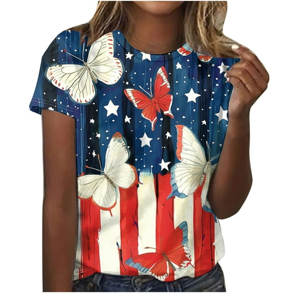 Nmnitkp Womens American Flag Shirt Short Sleeve USA 4th of July Flag Tops Loose Patriotic Novelty T-Shirts Multicolor,2XL