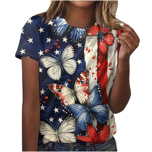 Nmnitkp Womens American Flag Shirt Short Sleeve USA 4th of July Flag Tops Loose Patriotic Novelty T-Shirts Multicolor,L