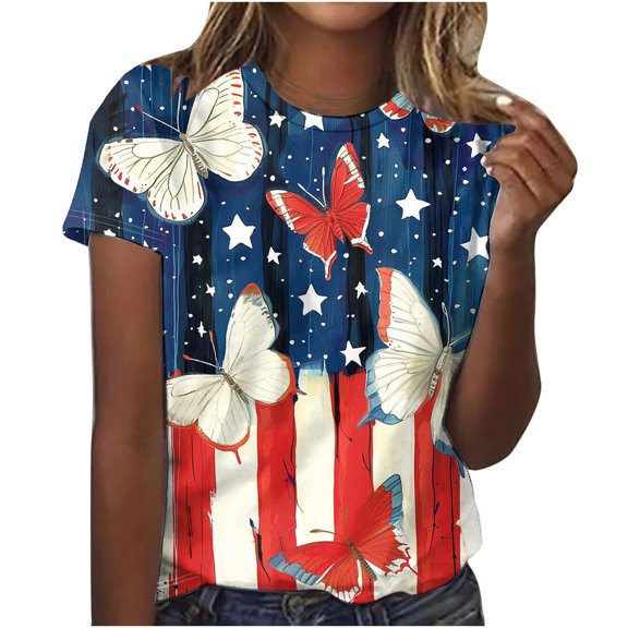 Nmnitkp Womens American Flag Shirt Short Sleeve USA 4th of July Flag Tops Loose Patriotic Novelty T-Shirts Multicolor,M