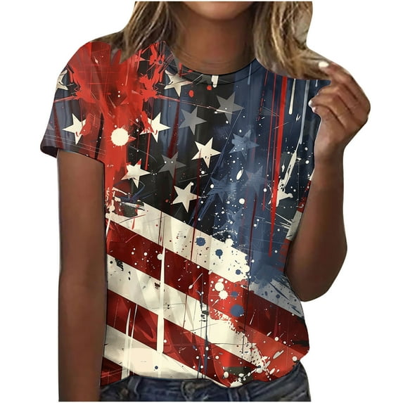 Nmnitkp Womens American Flag Shirt Short Sleeve USA 4th of July Flag Tops Loose Patriotic Novelty T-Shirts Multicolor,XL