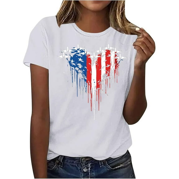 Nmnitkp Womens American Flag Shirt Short Sleeve USA 4th of July Flag Tops Loose Patriotic Novelty T-Shirts White,XL