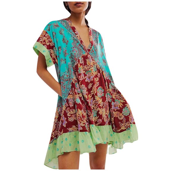 Nmnitkp Womens Beach Sundress Casual Boho Floral Ruffle Hem Dresses, Ruffle Short Sleeve V Neck Tie Loose Elegant Flowy Party Dresses