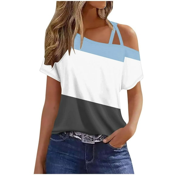 Nmnitkp Womens Blouses Color Block Off Shoulder Tops Striped Tank Tee Summer Casual Loose Fit Short Sleeve Shirt