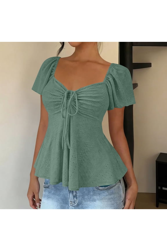 Womens Blouses Square Neck Ruched Tops - Puff Sleeve Eyelet Blouses, Drawstring Front Flared Hem Peplum Shirts for Summer Date Night, Vacation & Casual Wear Retro Shirts Green,S