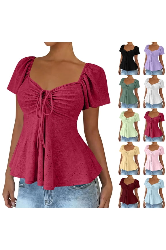 Womens Blouses Square Neck Ruched Tops - Puff Sleeve Eyelet Blouses, Drawstring Front Flared Hem Peplum Shirts for Summer Date Night, Vacation & Casual Wear Retro Shirts Hot Pink,S