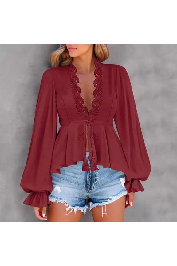 Womens Blouses V Neck Eyelet Lace Tops with Lining Dressy Sheer Long Sleeve Shirts Embroidered Blouses 2025 Wine,L
