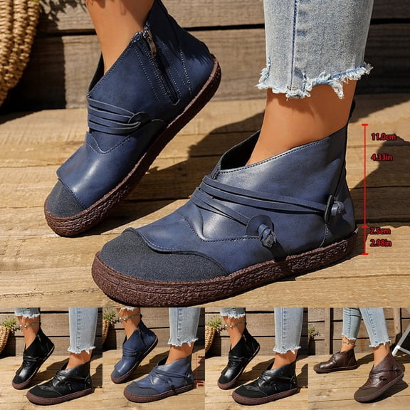 Nmnitkp Womens Boots Fashion Casual Winter Ankle Boots Solid Color Splicing Round Toe Side Zipper Flat Ankle Boots Blue,36